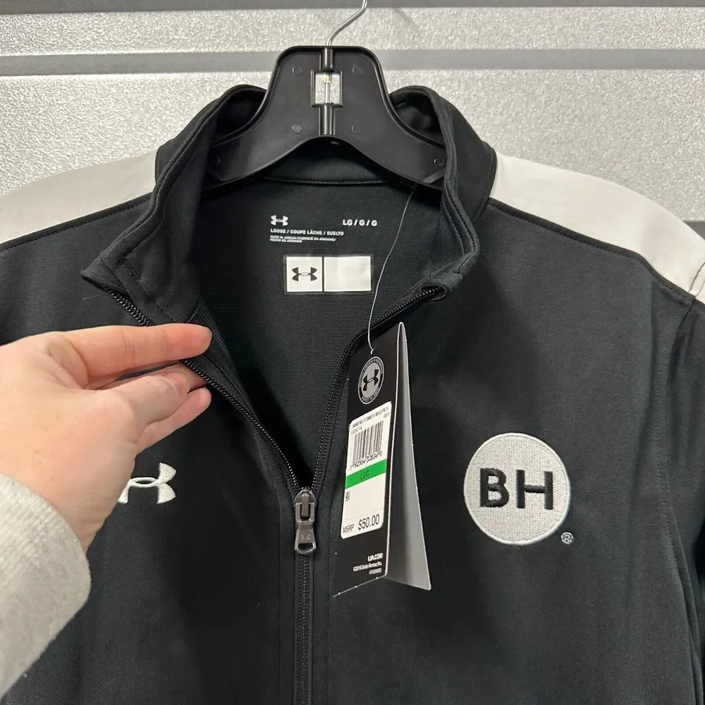 Under Armour Rival Jacket Womens L‎ Zip Front Black White BH Logo Pockets NEW